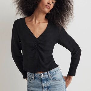Madewell Brushed Ruched-Front‎ Long Sleeve Top in True Black